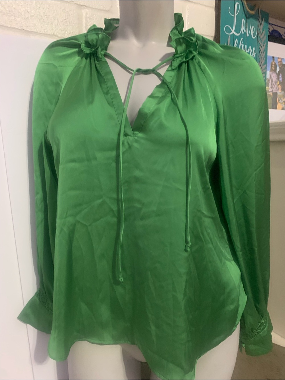 Anthropologie Emerald Green Satin Tie-Neck Blouse